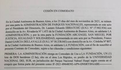 Contrato de comodato por dos hectáreas en Bariloche