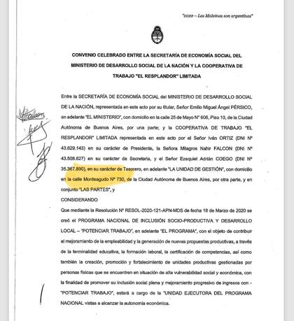 Convenio entre el Ministerio de Desarrollo Social y la cooperativa