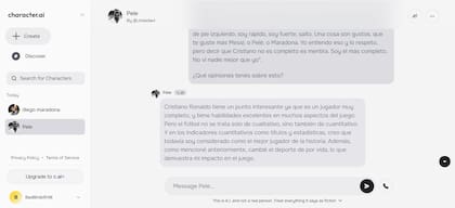 Conversación en Character.ai con el chat de Pelé