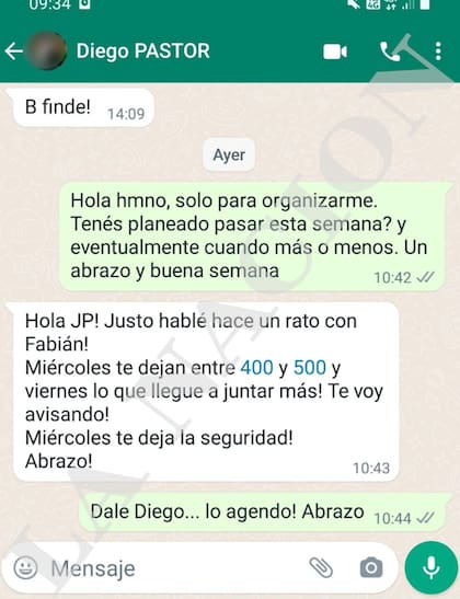 Conversación entre quien era un hombre de confianza de Toviggino y Diego Pasztor (estaba agendado como Diego Pastor)