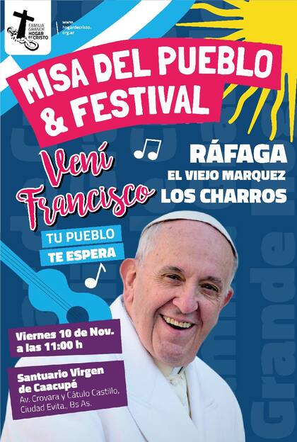 Convocatoria a un festival en Ciudad Evita para pedir la visita de Francisco a la Argentina