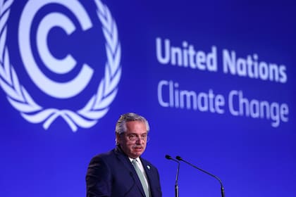 Argentina's President Alberto Fernandez makes a national statement on the second day of the COP26 UN Climate Summit in Glasgow on November 2, 2021. - World leaders meeting at the COP26 climate summit in Glasgow will issue a multibillion-dollar pledge to end deforestation by 2030 but that date is too distant for campaigners who want action sooner to save the planet's lungs. (Photo by Adrian DENNIS / various sources / AFP)