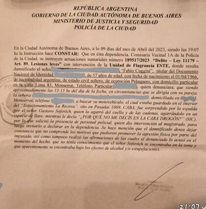 Copia de la denuncia realizada por Fabio Cuggini en la comisaría vecinal 1A de la Policía de la Ciudad