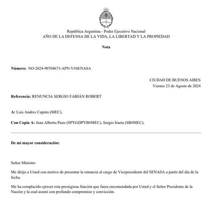 Copia de la renuncia de Sergio Robert, vicepresidente del Senasa