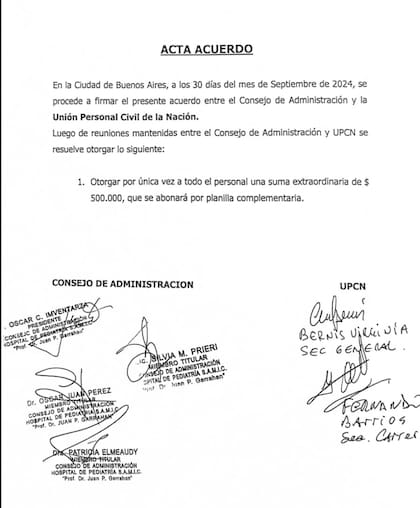 Copia del acta acuerdo firmada con UPCN el 30 de septiembre; a los dos días, el nuevo ministro de Salud echó al Consejo de Administración, pero refrendó la decisión