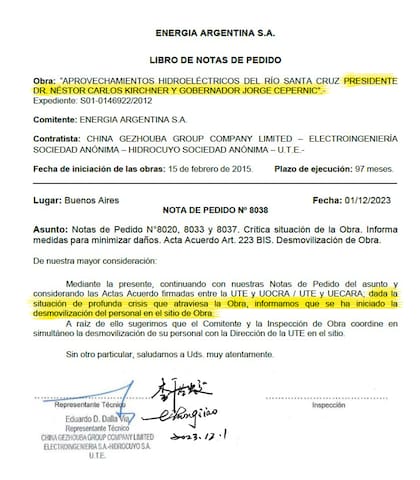 Copia del documento que informó el freno de la obra