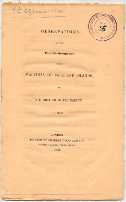 Copia impresa de la obra “Observations on the forcible occupation of the Malvinas, or Falkland Islands by The British Government, in 1833” publicada en Londres