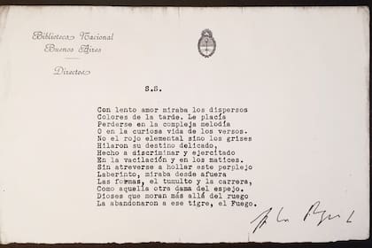 Copia mecanografiada del poema "S.S.", que luego, con ligeras modificaciones, aparecería como "Susana Soca", en El hacedor