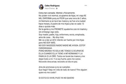 Las adveretencias de Celeste Rodríguez en Facebook.