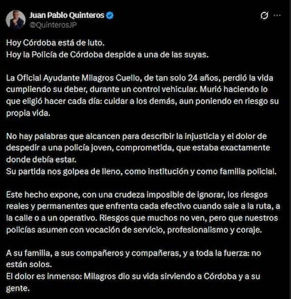 Córdoba: un conductor embistió y mató a una joven policía que estaba en un control en la ruta nacional 9 y el ministro de Seguridad local la despidió.