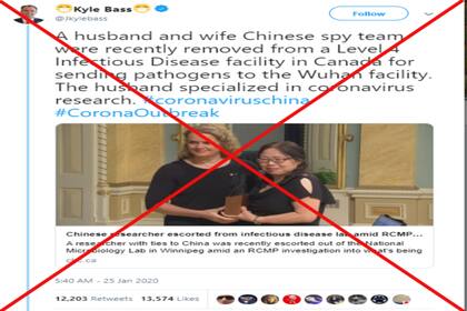 "Un matrimonio chino de espías fue recientemente removido de un centro de enfermedades infecciosas en Canadá por mandar patógenos a Wuhan", mintió el financista Kyle Bass