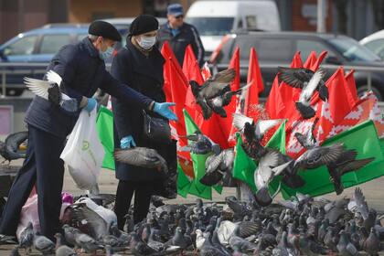 Dos personas que usa tapabocas y guantes para protegerse del coronavirus alimentan a las palomas en Minsk, Bielorrusia