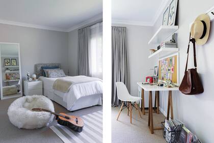 Cortinas de pana verde teñidas a mano. Alfombra a rayas beige y blancas (Sentido José Ignacio).