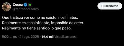 Coscu se sumó a los mensajes de desconsuelo por lo ocurrido en el partido de Independiente y U de Chile