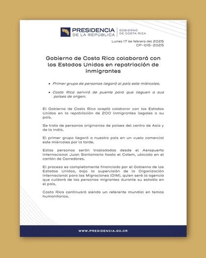 Costa Rica se ofreció como país puente para colaborar con EE.UU. en la repatriación de los deportados de origen asiático