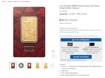 Costco comercializa barras de oro en su sitio web