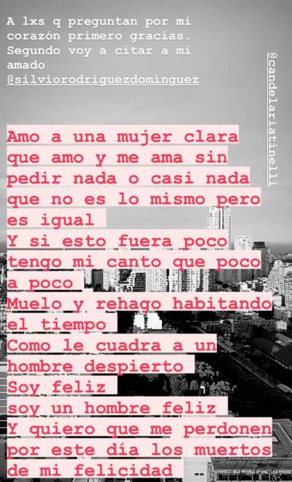 Coti Sorokin también se encargó de asegurar que el romance seguía viento en popa, y lo hizo a través de una historia de Instagram y usando una canción de Silvio Rodríguez
