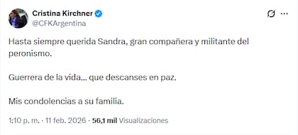 Cristina Fernández de Kirchner expresó sus condolencias a la familia de Sandra Mendoza tras su muerte