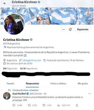 Cristina Kirchner compartió un posteo de Axel Kicillof sobre el fallo adverso por la estatización de YPF.