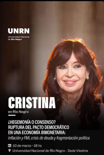 Cristina Kirchner volverá a aparecer en Viedma, en la Universidad de Río Negro