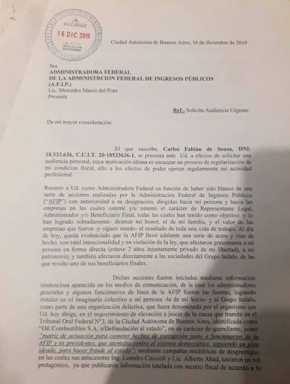 Copia de la carta que Fabián De Sousa le mandó a la titular de la AFIP el 16 de diciembre pasado. Diez días después, tuvo su primer encuentro con ella.