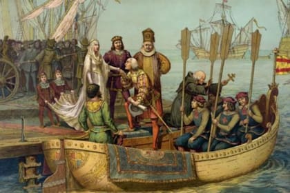 Cristóbal Colón despidiéndose de Isabel de Castilla y Fernando II de Aragón antes de emprender su primer viaje