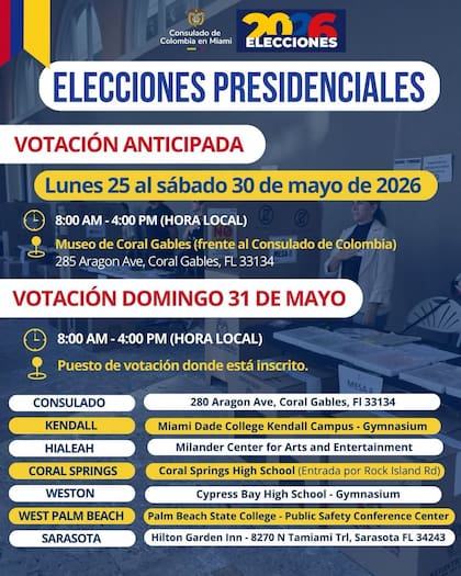 Cronograma de elecciones en Colombia 2026 publicado por el Consulado de Miami