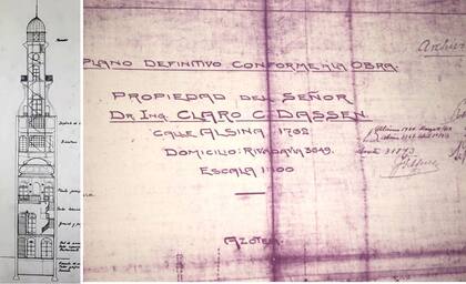 Croquis del faro mirador, según el Arq. Mederico Faivre. A la derecha, el plano original.