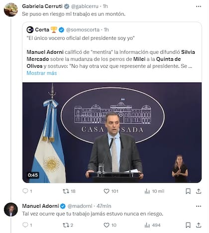 Cruce entre Gabriela Cerruti y Manuel Adorni