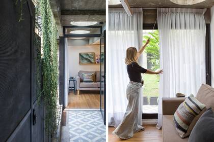 Cruzando la puerta de calle, el pasillo es un fuelle que tiene en uno de sus extremos el consultorio. Tras el portón negro de chapa negra, el acceso a los ambientes privados cruzando el jardín o subiendo la escalera detrás de él.