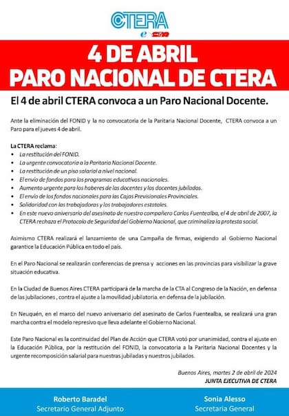 Ctera convocó a un paro nacional para el 4 de abril