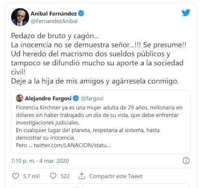 Cuando el abogado Alejandro Fargosi escribió sobre Florencia Kirchner y su fortuna, Aníbal lo invitó a pelear.