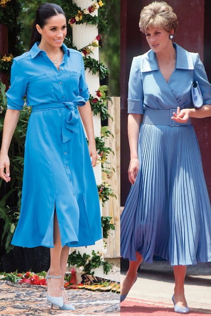 Cuando Meghan usó un vestido camisero de Veronica Beard en Tonga, en 2018, el color y el corte eran casi idénticos al vestido que se le vio en 1992 a su suegra.