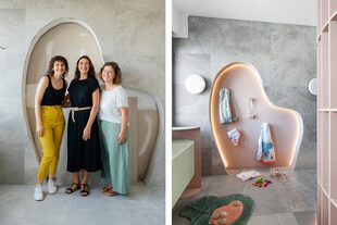 Cuando recién empezaba la obra del espacio en Distrito Quartier, Joy Zimmerman; Mariana Kratochwil, directora de Living; y Camila Castillo. A la derecha, el baño infantil terminado.