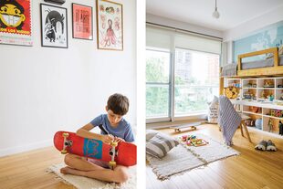 La cama con escritorio incorporado es un diseño del arquitecto Martín Giordanengo. Sobre el piso de bambú (BN Trade), alfombra de Punto Calma.
