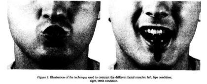 "Cuanto tenían el bolígrafo en la boca simulando una sonrisa las imágenes les parecían más simpáticas" (imagen del estudio Strack et al. 1988)
