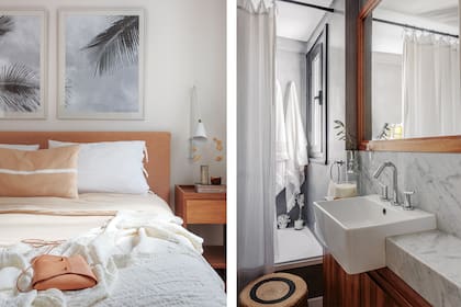 Cuarto principal: cuadros ‘Ilha Grande’, ropa de cama, respaldo ‘Lola’, mesas de noche ‘York’ (todo de Apatheia). Baño: mesada de mármol de Carrara (Estudio Moroni), cortina de ducha de gasa, espejo ‘Moscú’ (ambos de Apatheia), toalla de mano (Natural CS), vela (The Rose).