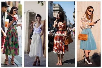 Cuatro estilos bien diferentes, lo que me gusta es como se reflejan las diferentes personalidades usando como base una falda midi