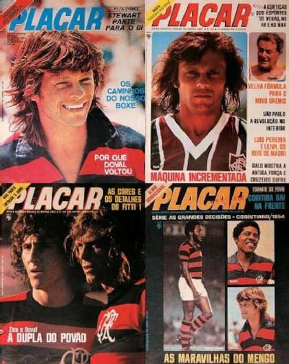 Cuatro revistas "Placar" en las que Doval estuvo en la tapa, en sus ciclos en Flamengo y Fluminense.