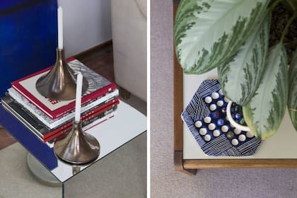 Cubo de espejo a medida, juego de senku en cerámica y candelabros ‘Trompo’ cobrizos (Castro Corbat).