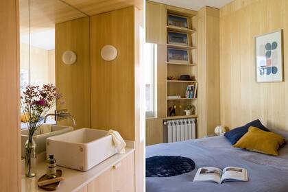 Cubrecama (Compañía de Blockprint). Cuadro (Monocopia). Antebaño dentro del cuarto principal. Bacha rescatada de obra sobr mesada de Stone Quartz 'Blanco Norte' (Casa Nazaret). Grifería FV 'Temple'.