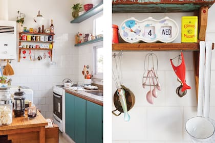 Cucharas medidoras (Casaideas Chile). Pelapapas en forma de pez (La Dominga). Cucharón y espumadera enlozados (Paul French Gallery). Enlozados (Mercado de Pulgas). Latas (Gato Negro).