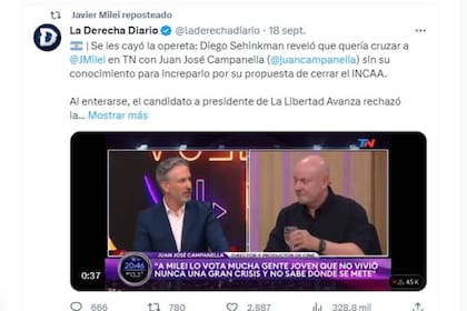 Cuentas afines a Javier Milei hablaron de una "emboscada" que le había tendido Diego Sehinkman al candidato de LLA y el mismo libertario retuiteó esos mensajes, indicando que estaba de acuerdo con su contenido