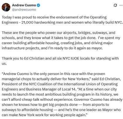 Cuomo presentó los dichos de los representantes de la Unión Internacional de Ingenieros de Operaciones