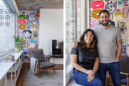 Daniela Álvarez y Francisco Espinosa delante del mural que realizó in situ el grupo Buenos Aires Pasteup.
