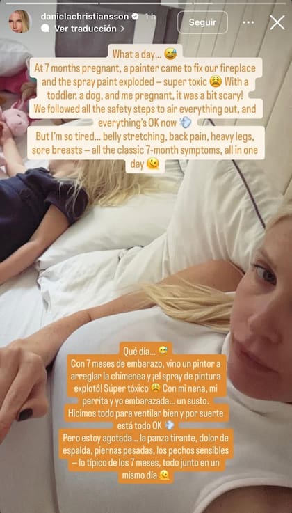 Daniela Christiansson contó que explotó un spray de pintura altamente tóxico en su casa y tuvo que tomar todos los recaudos para ventilar los ambientes, puesto que está embarazada de siete meses y al cuidado de su hija de dos años (Foto: Instagram @danielachristiansson)