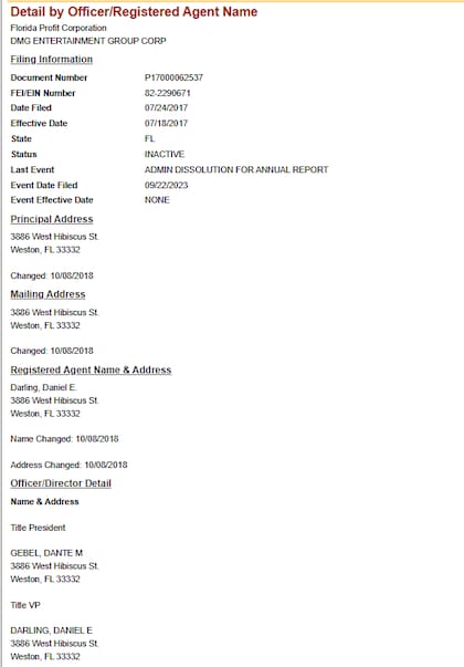 Dante Gebel y Daniel Darling figuran como autoridades de DMG Entertainment Group Corp en registros oficiales de Florida