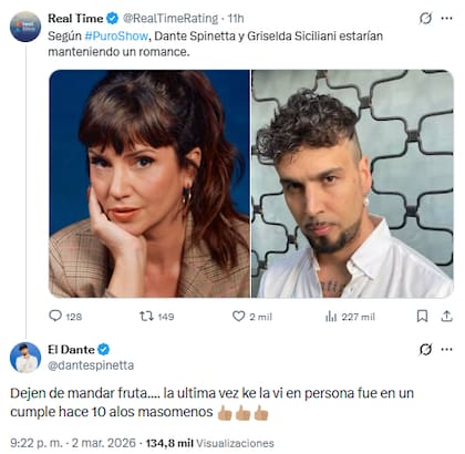 Dante Spinetta negó los rumores de romance con Griselda Siciliani (Foto: X)