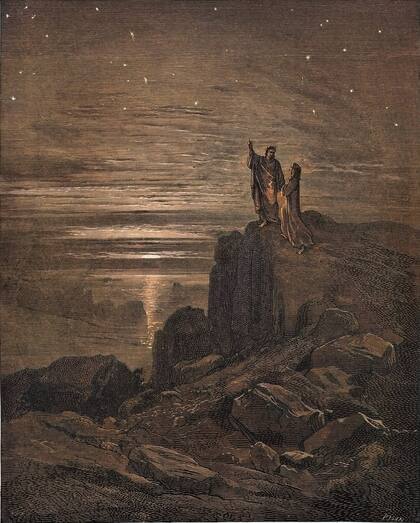 Dante y Virgilio emergiendo del infierno y viendo las estrellas (Ilustración Gustave Doré 1866)