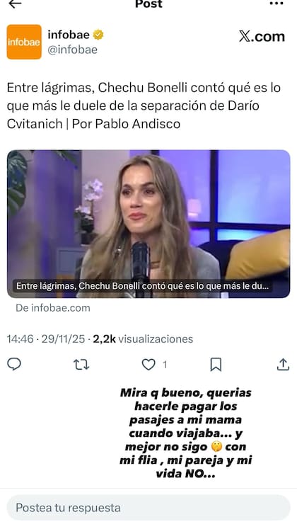 Darío Cvitanich le respondió a Chechu Bonelli en su cuenta de Instagram